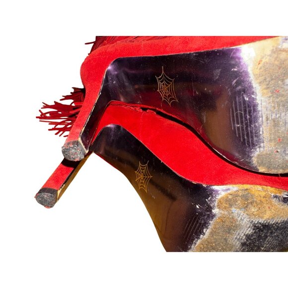 Red Suede Fringe High Heel Boots 10M Platform Stiletto Knee High Western Boho - Picture 7 of 8